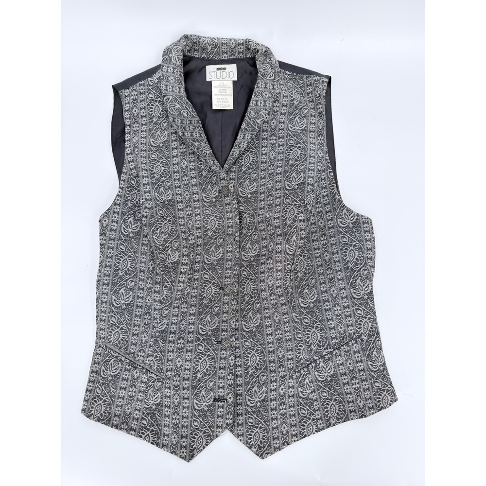 SGS Studio Vest Waistcoat Paisley Brocade 90s Vintage Women 14T Gray Silver